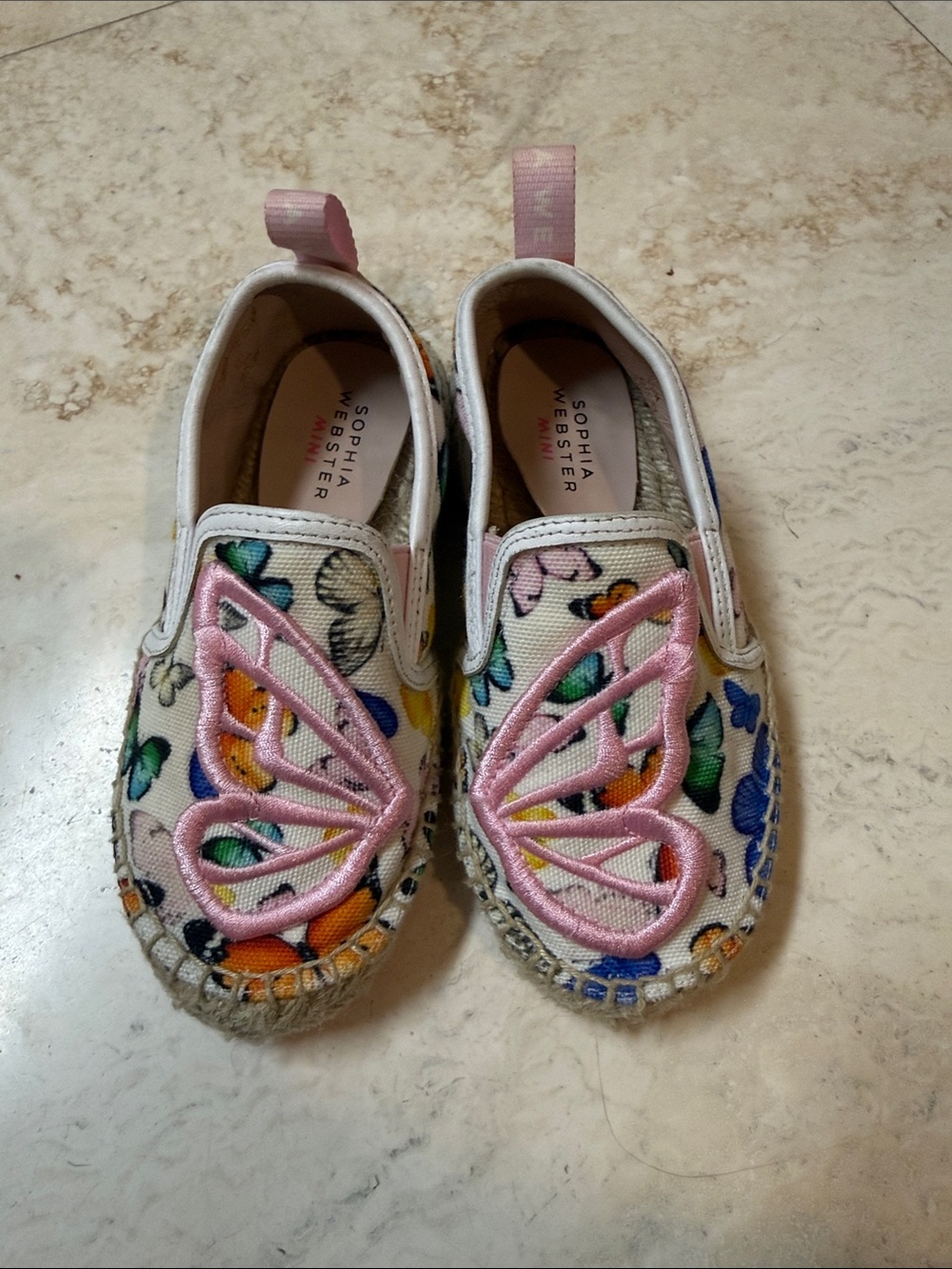 Sophia Webster Kids White Slip-On Moccasins with Pink Butterfly Appliqués